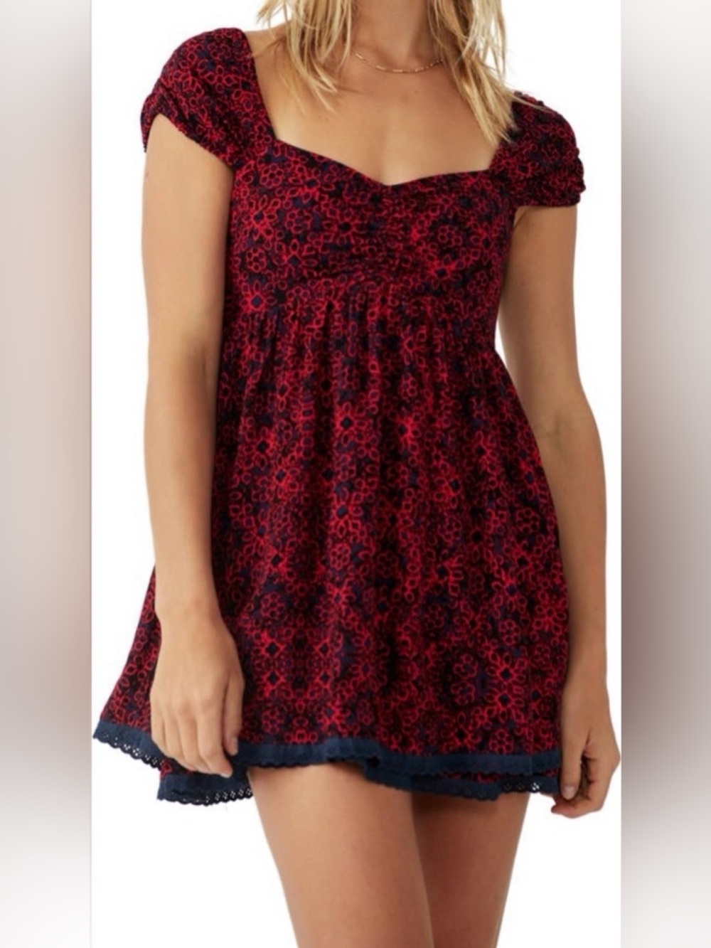 Free People Tabitha Mini Dress in Navy Blue and Red size small